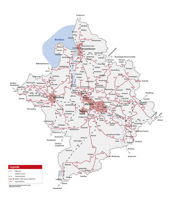 Overview map of bus routes in the VBN area