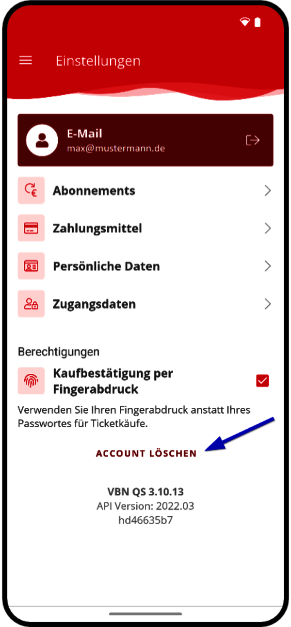 Smartphone zeigt Menüführung zum Löschen des Accounts